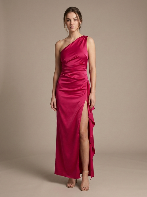 Fuchsia One-Shoulder Draped Satin Maxi Dress worn by a model, front view