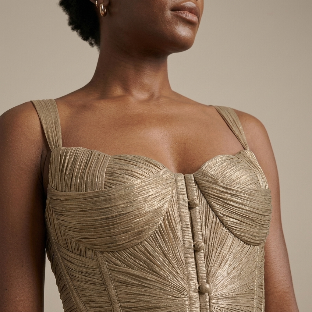 Close-up of Gold Corset Pleated Maxi Dress detail