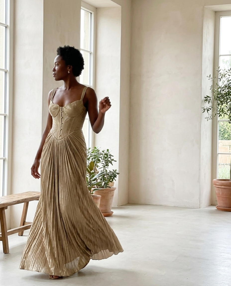 Gold Corset Pleated Maxi Dress styled in a daylight interior setting