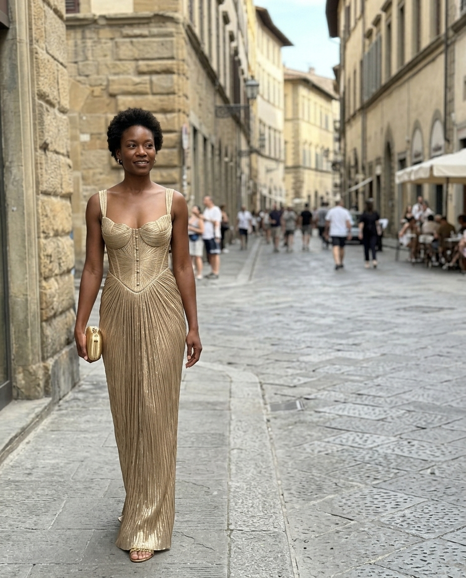 Gold Corset Pleated Maxi Dress worn in an everyday street setting