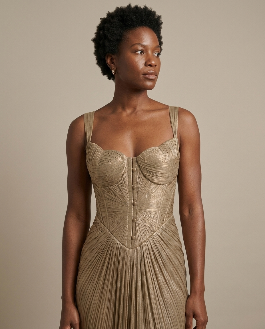 Gold Corset Pleated Maxi Dress worn by a model, close waist-up view