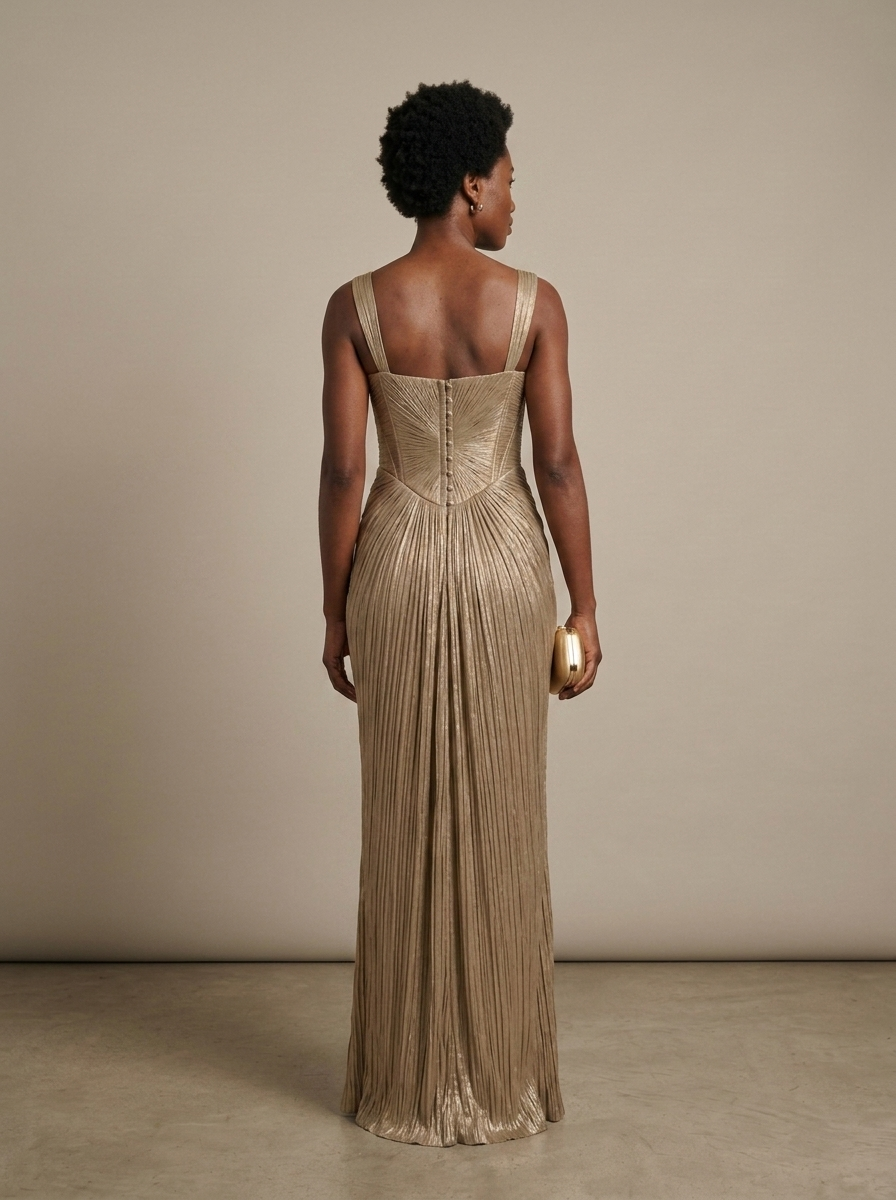 Gold Corset Pleated Maxi Dress worn by a model, back view
