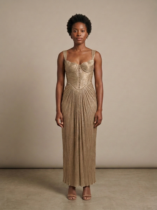 Gold Corset Pleated Maxi Dress worn by a model, front view