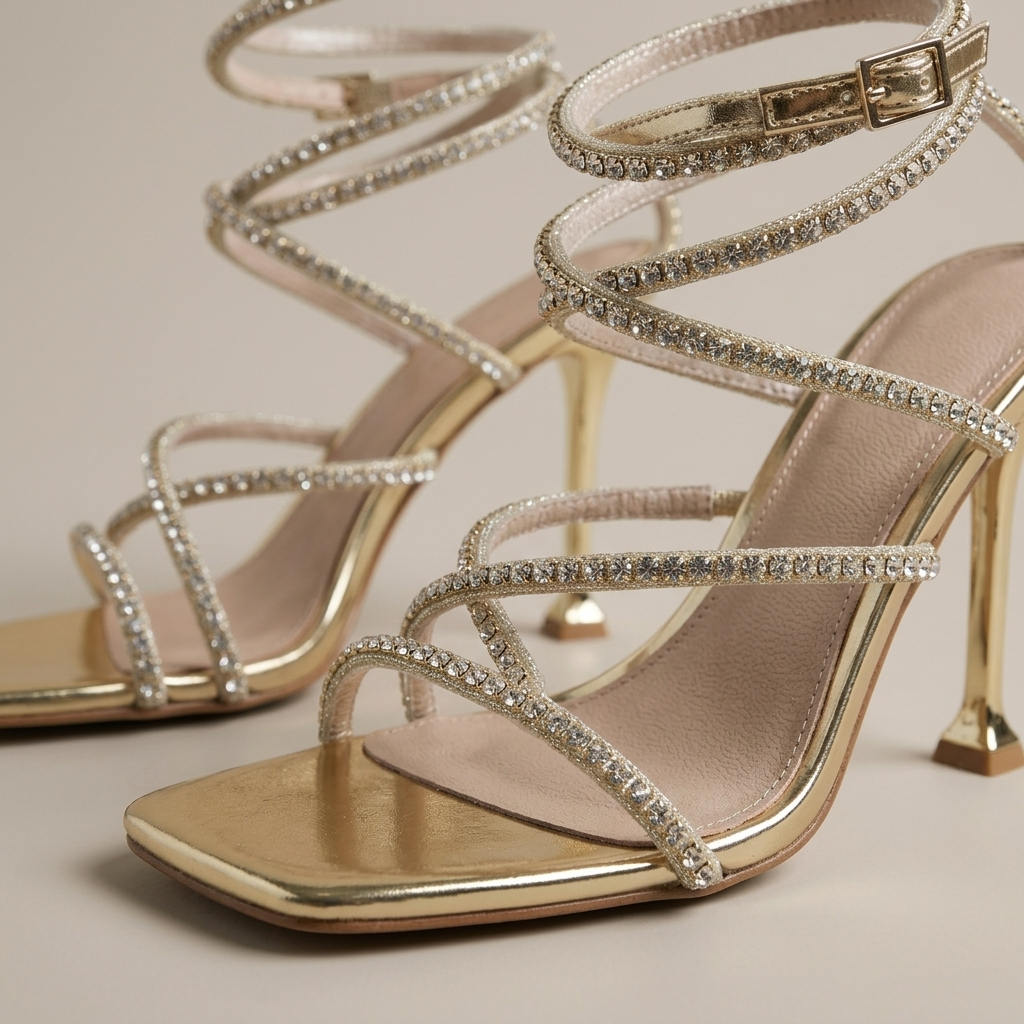 Close-up of Gold Rhinestone Ankle Wrap High Heel Sandals fabric and detailing