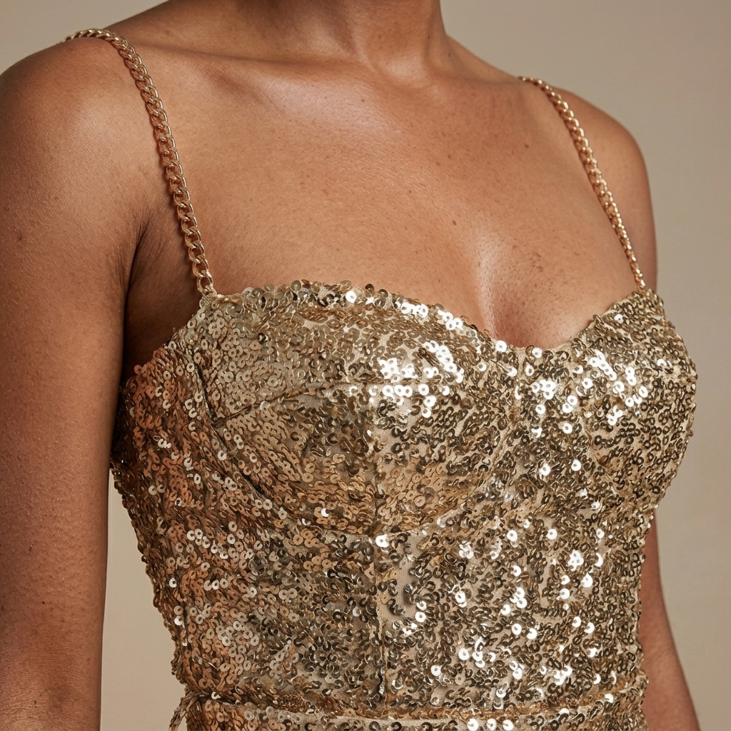 Close-up of Gold Sequin Bodycon Midi Dress with Chain Straps detail