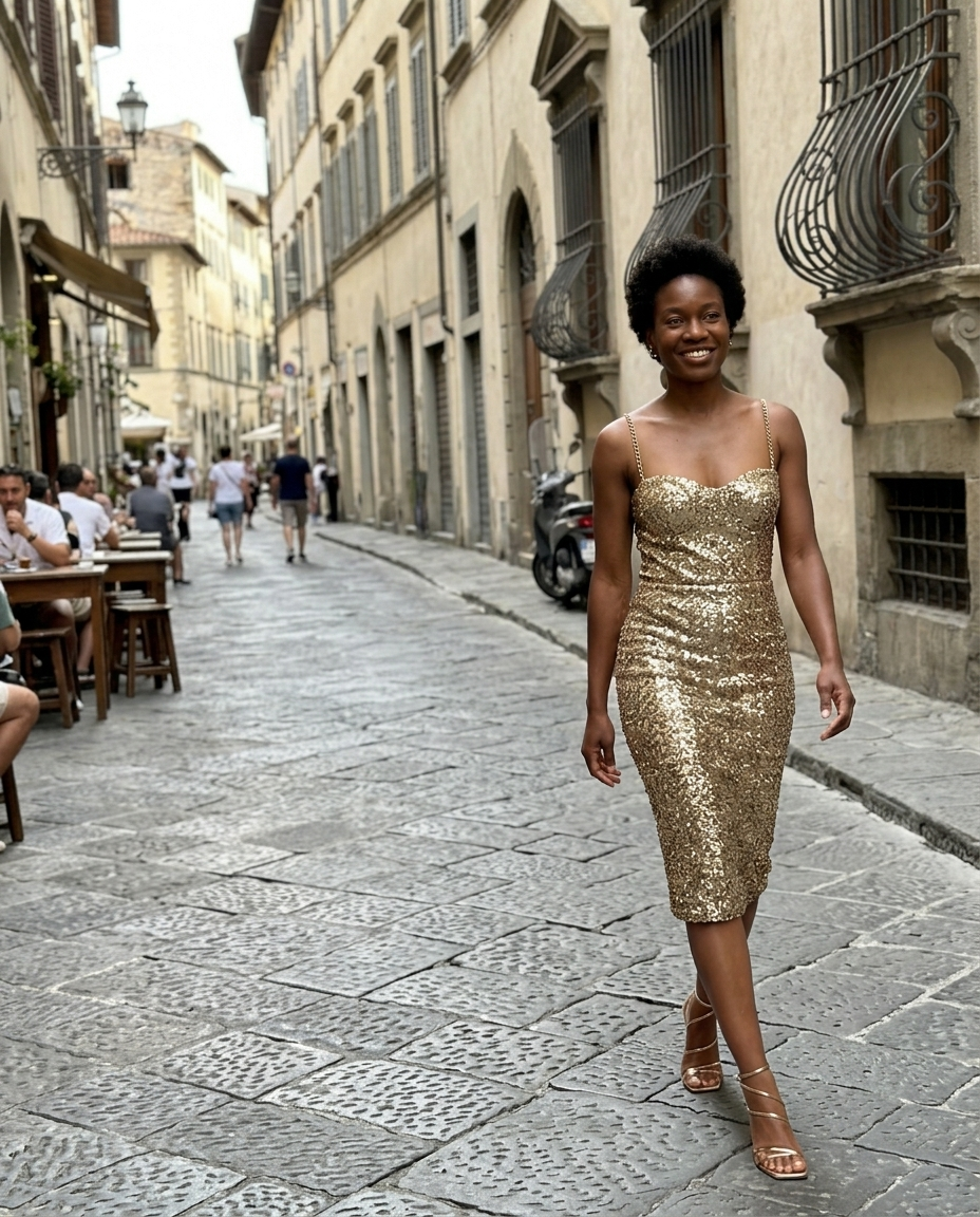Gold Sequin Bodycon Midi Dress with Chain Straps worn in an everyday street setting