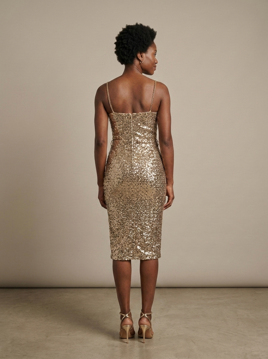 Gold Sequin Bodycon Midi Dress with Chain Straps worn by a model, back view