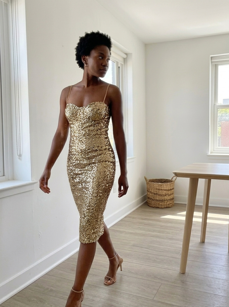 Gold Sequin Bodycon Midi Dress with Chain Straps styled in a daylight interior setting
