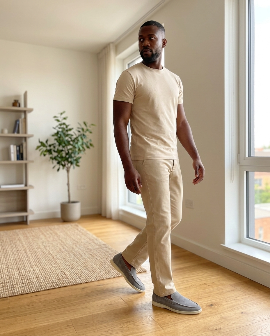 Grey Suede Moc-Toe Driving Loafers styled in a daylight interior setting