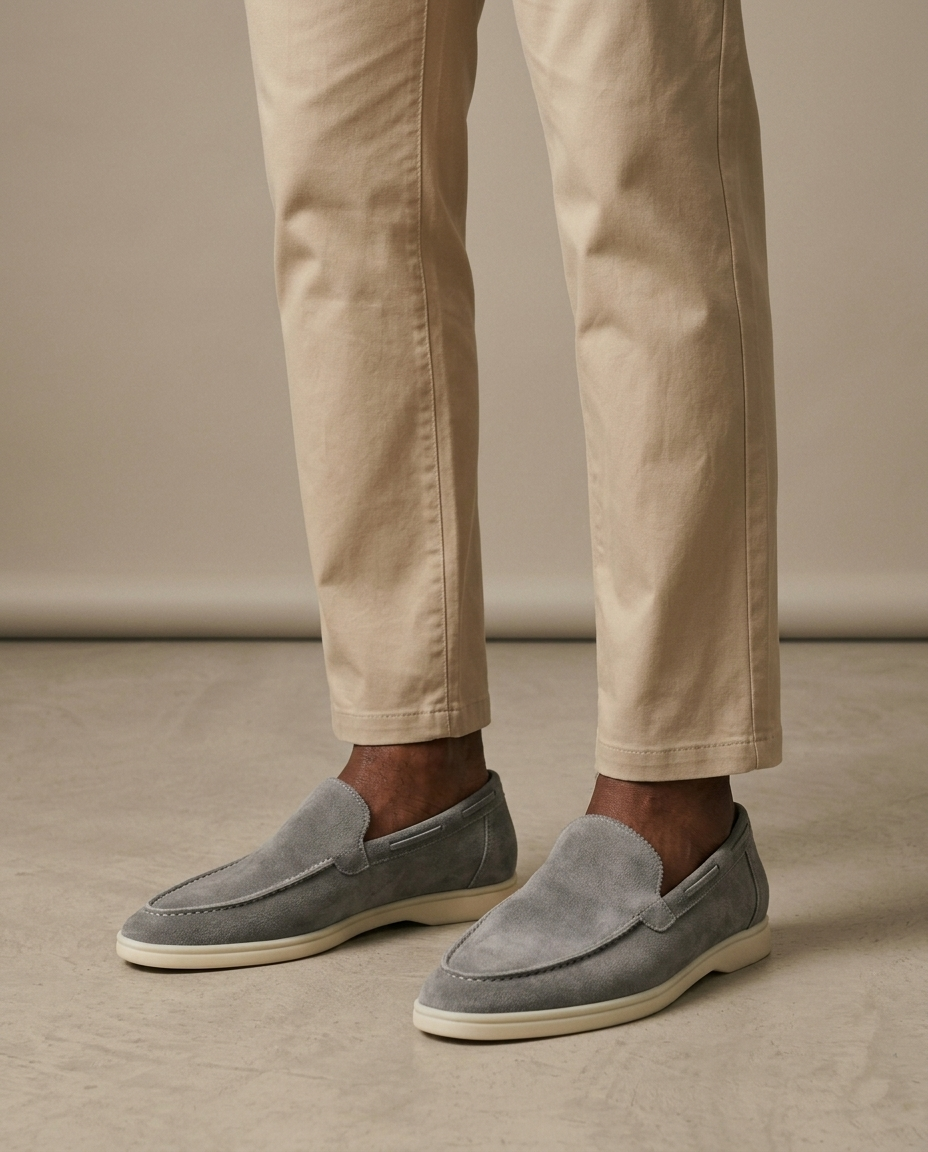 Grey Suede Moc-Toe Driving Loafers on the foot