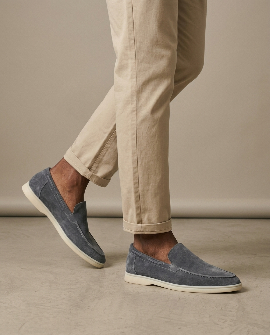 Grey Suede Moc-Toe Driving Loafers worn, walking