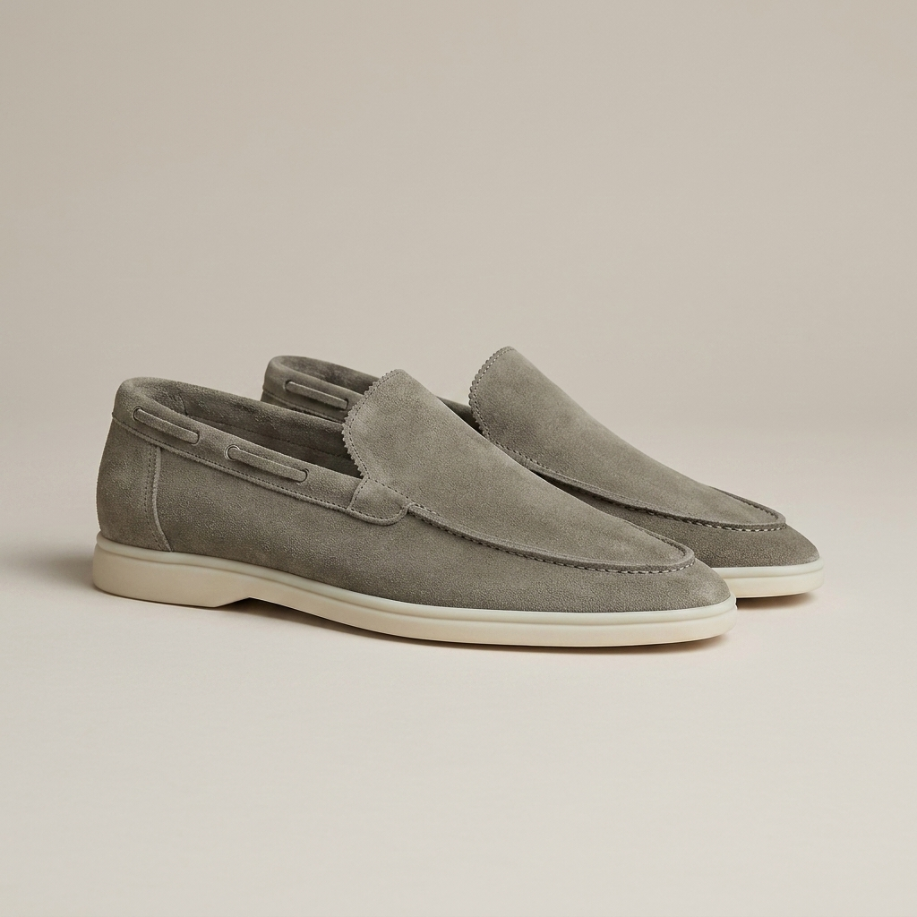 Close-up of Grey Suede Moc-Toe Driving Loafers