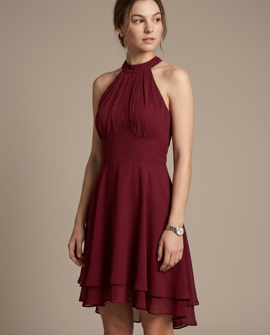 Halter Neck Tiered Chiffon Mini Dress worn by a model, close waist-up view