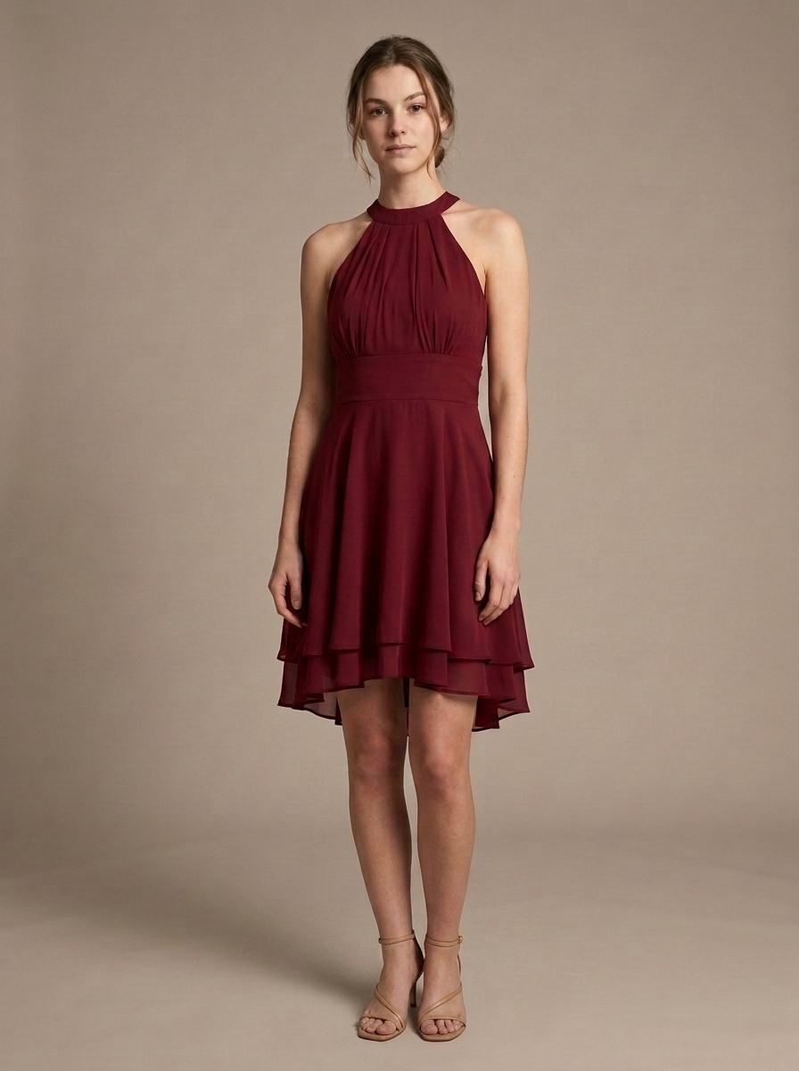Halter Neck Tiered Chiffon Mini Dress worn by a model, front view