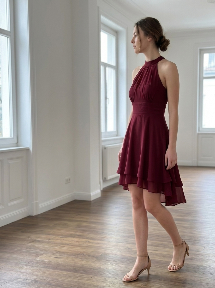 Halter Neck Tiered Chiffon Mini Dress styled in a daylight interior setting