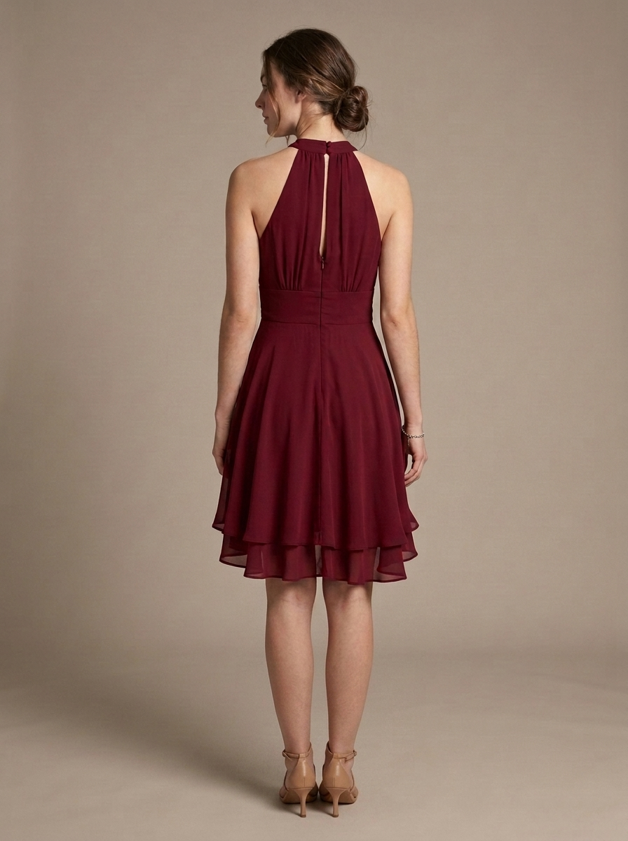 Halter Neck Tiered Chiffon Mini Dress worn by a model, back view