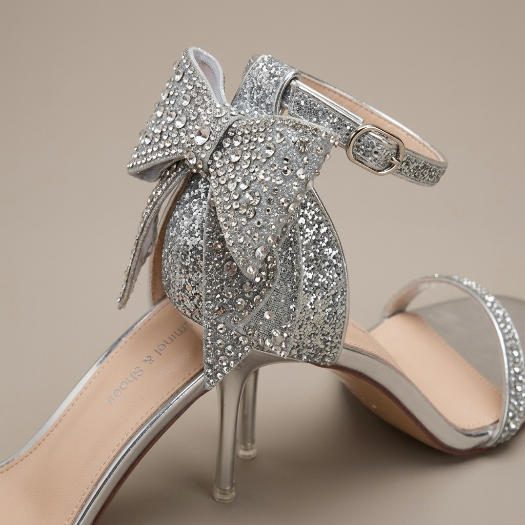 Close-up of Heeled Glitter Sandals with Rhinestone Bow fabric and detailing
