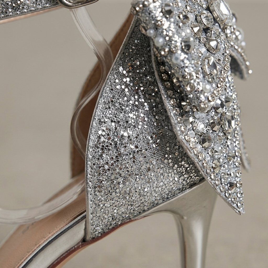 Macro of Heeled Glitter Sandals with Rhinestone Bow fabric texture and weave
