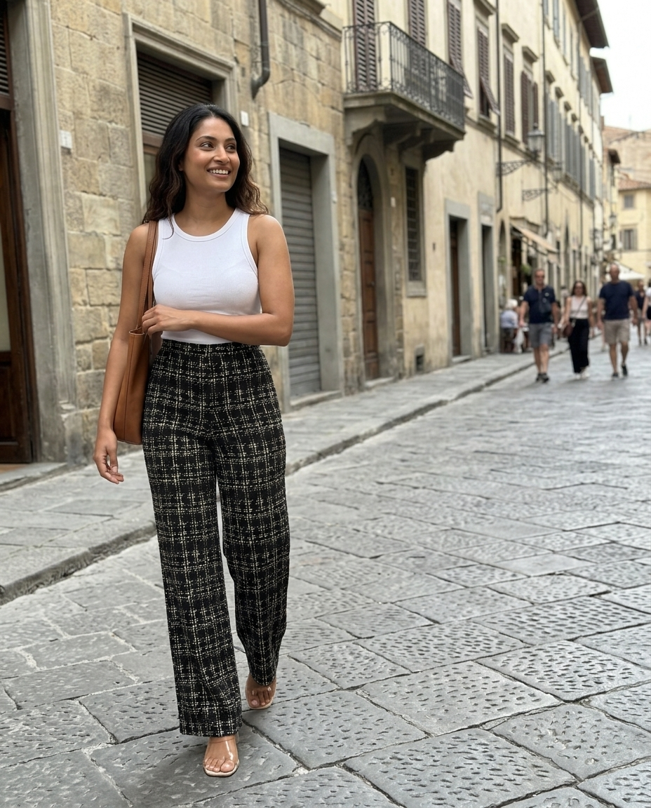 High Waist Wide Leg Tweed Pants worn in an everyday street setting