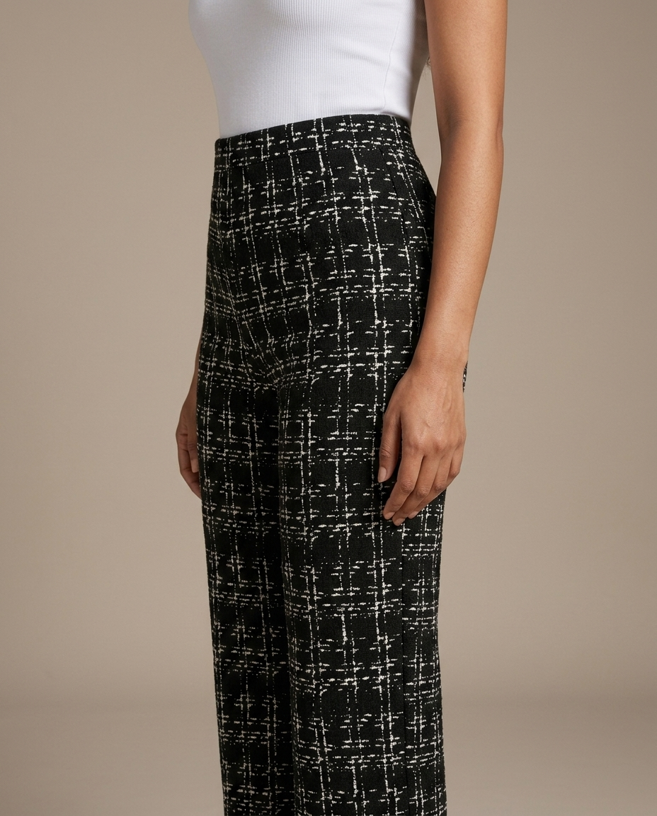 High Waist Wide Leg Tweed Pants worn by a model, close waist-up view