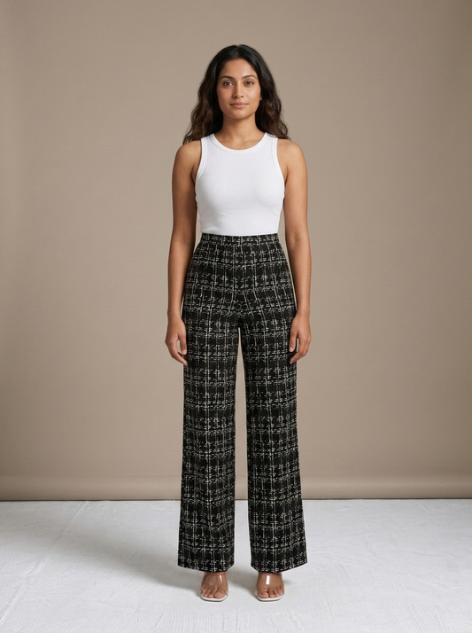 High Waist Wide Leg Tweed Pants worn by a model, front view