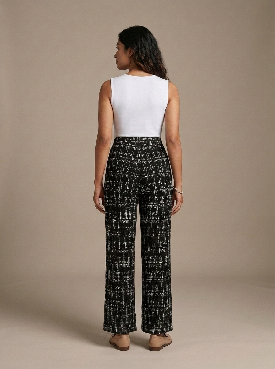 High Waist Wide Leg Tweed Pants worn by a model, back view