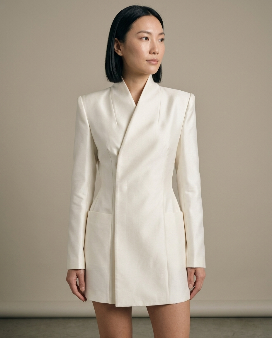 Ivory Tailored Blazer Mini Dress worn by a model, close waist-up view