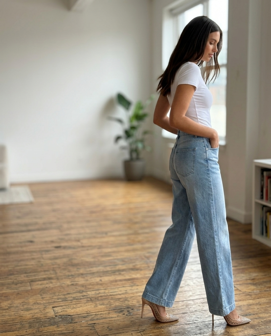 Jeans Light Wash High-Waist Wide-Leg styled in a daylight interior setting