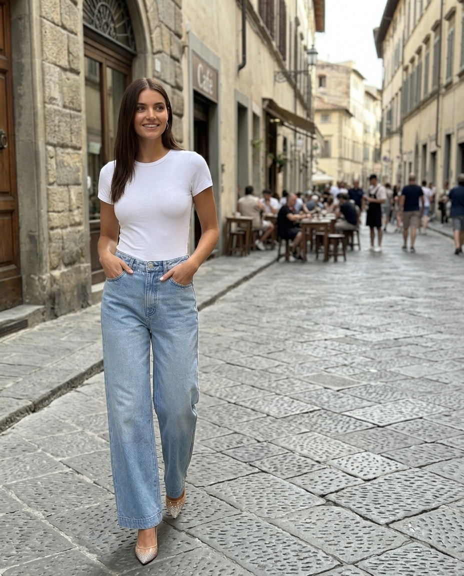 Jeans Light Wash High-Waist Wide-Leg worn in an everyday street setting