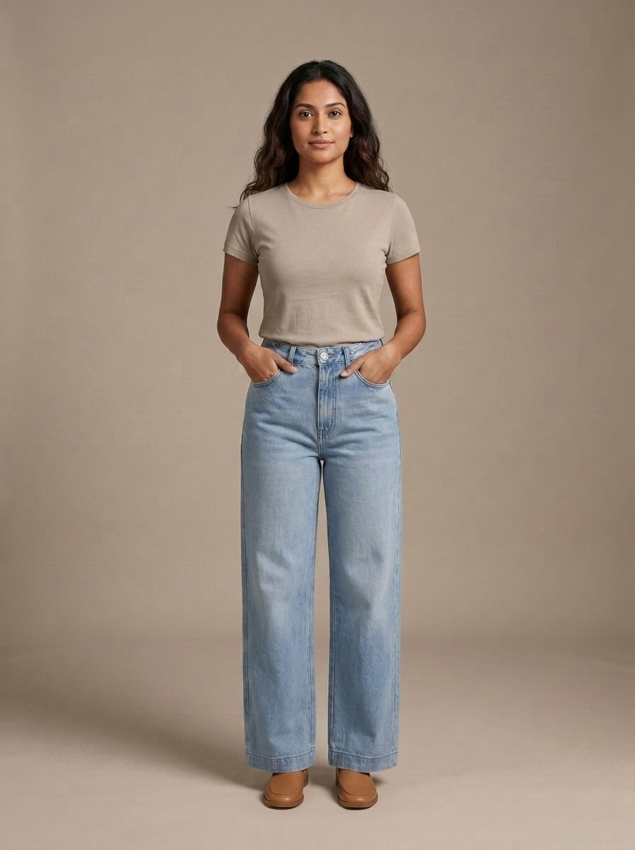 Jeans Light Wash High-Waist Wide-Leg worn by a model, front view