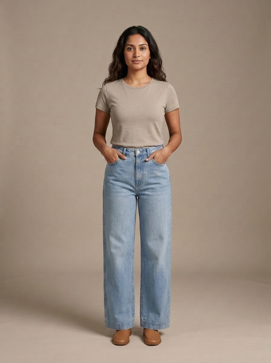 Jeans Light Wash High-Waist Wide-Leg worn by a model, front view