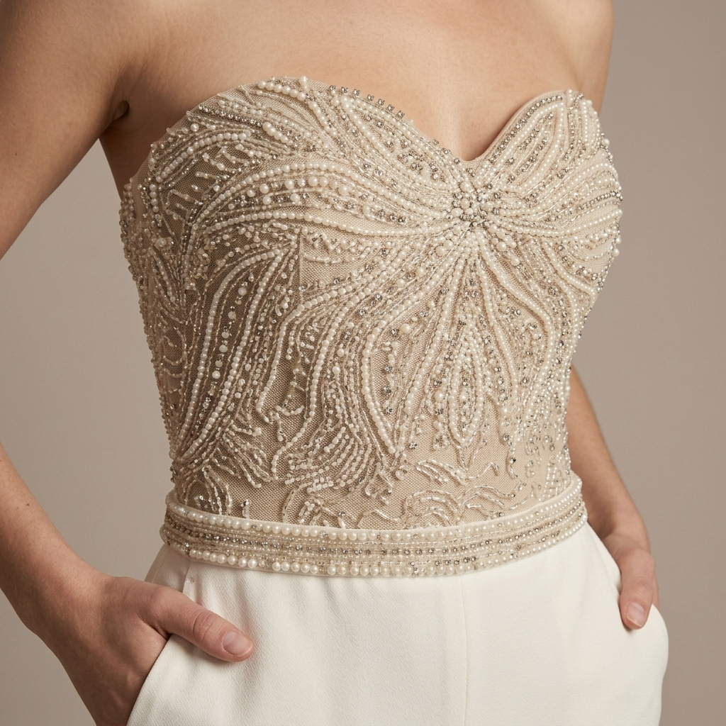 Close-up of Jumpsuit, Beaded Bodice Strapless Straight-Leg detail