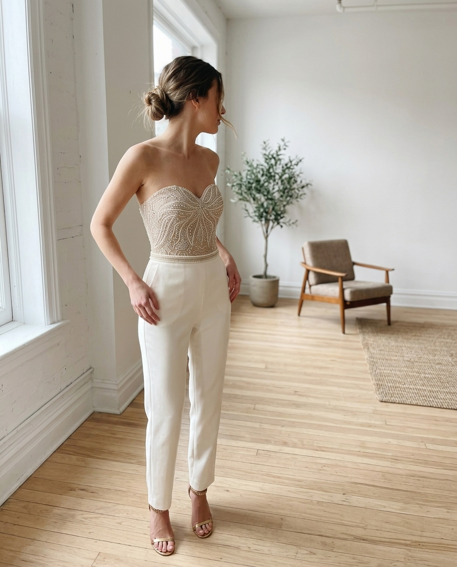 Jumpsuit, Beaded Bodice Strapless Straight-Leg styled in a daylight interior setting