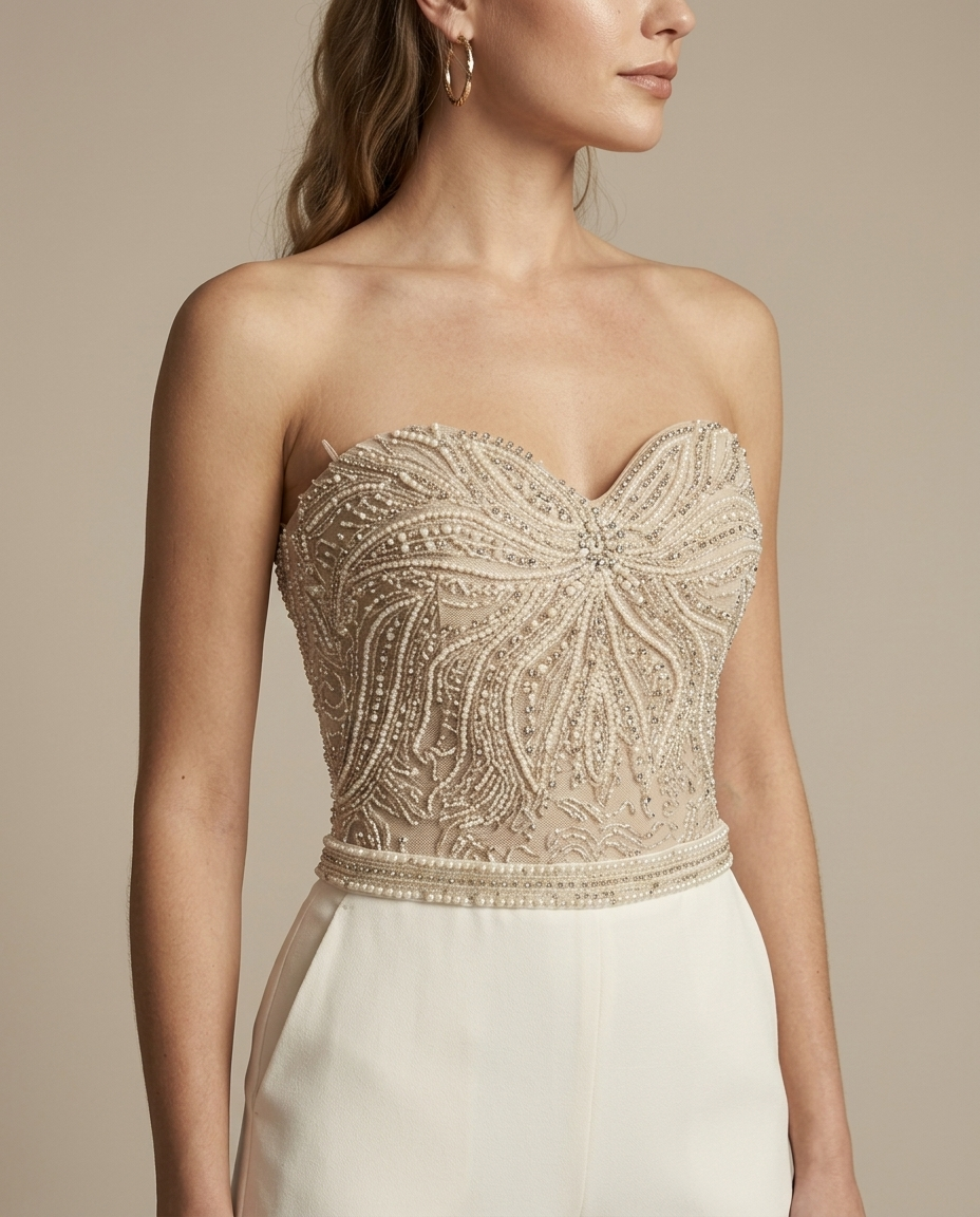 Jumpsuit, Beaded Bodice Strapless Straight-Leg worn by a model, close waist-up view