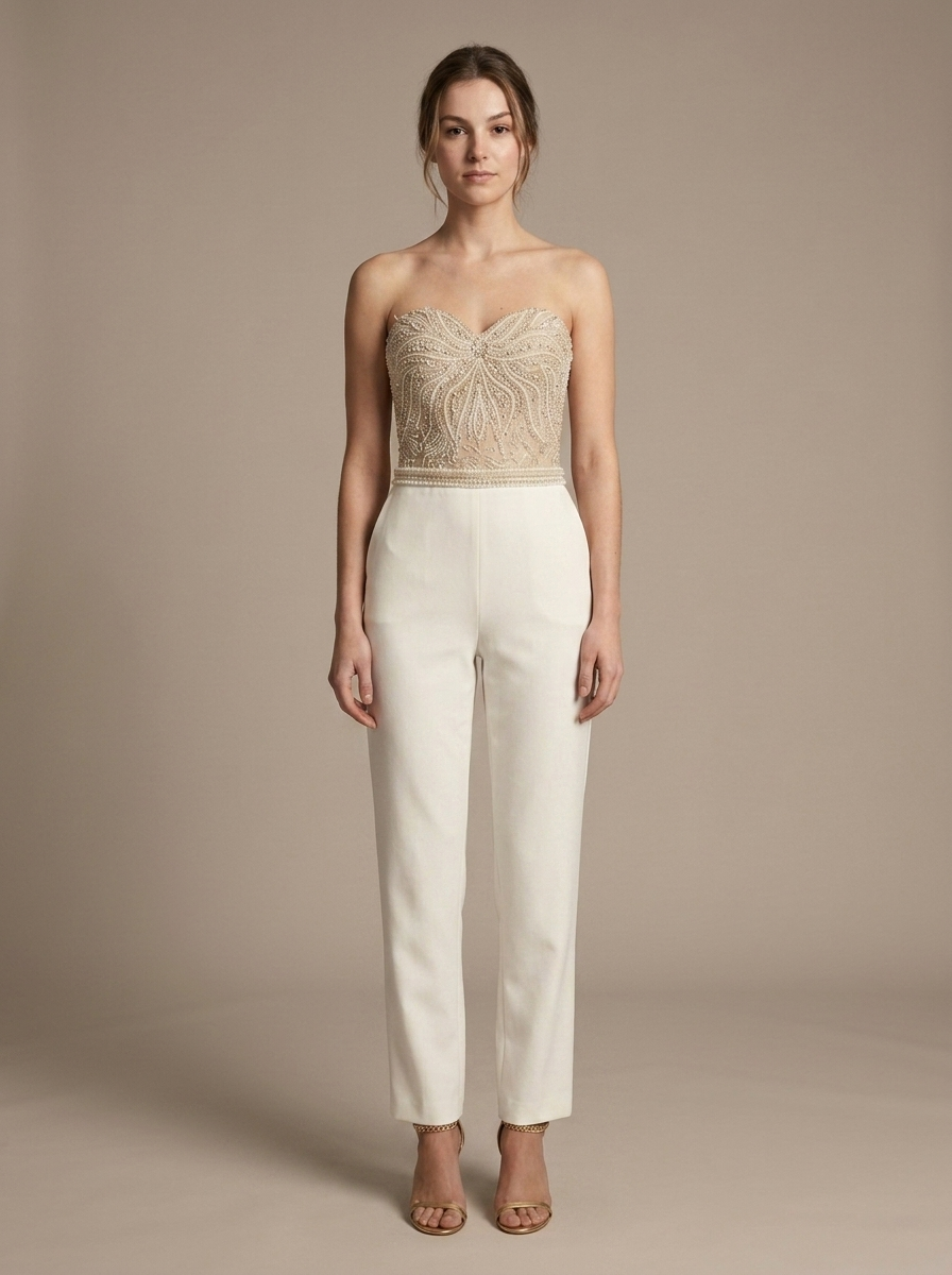 Jumpsuit, Beaded Bodice Strapless Straight-Leg worn by a model, front view