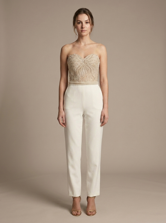 Jumpsuit, Beaded Bodice Strapless Straight-Leg worn by a model, front view
