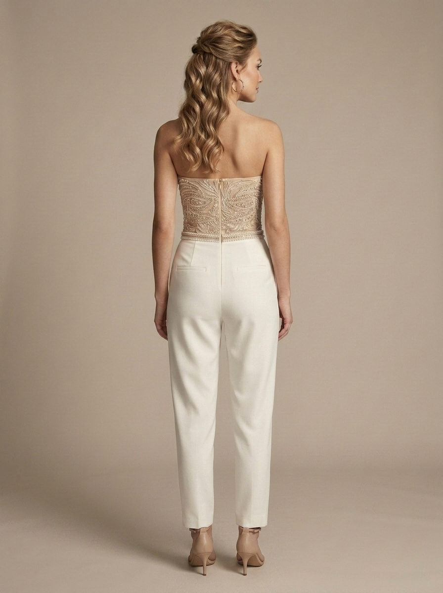 Jumpsuit, Beaded Bodice Strapless Straight-Leg worn by a model, back view