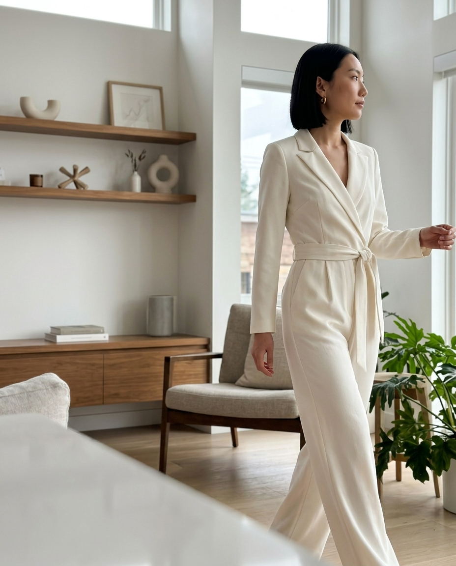 Jumpsuit, Cream Wrap Blazer Style styled in a daylight interior setting