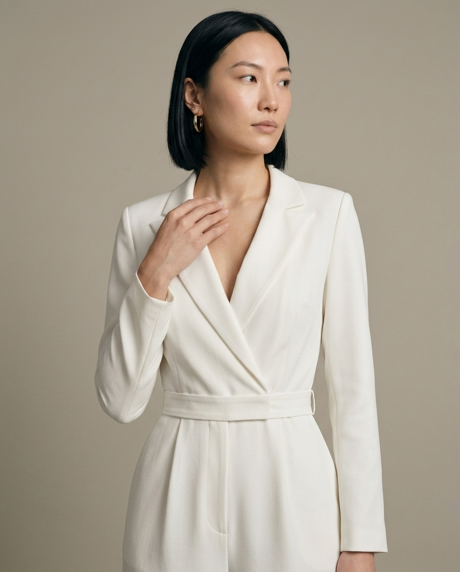 Jumpsuit, Cream Wrap Blazer Style worn by a model, close waist-up view