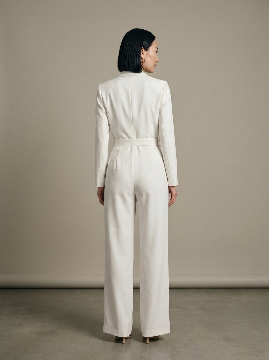 Jumpsuit, Cream Wrap Blazer Style worn by a model, back view