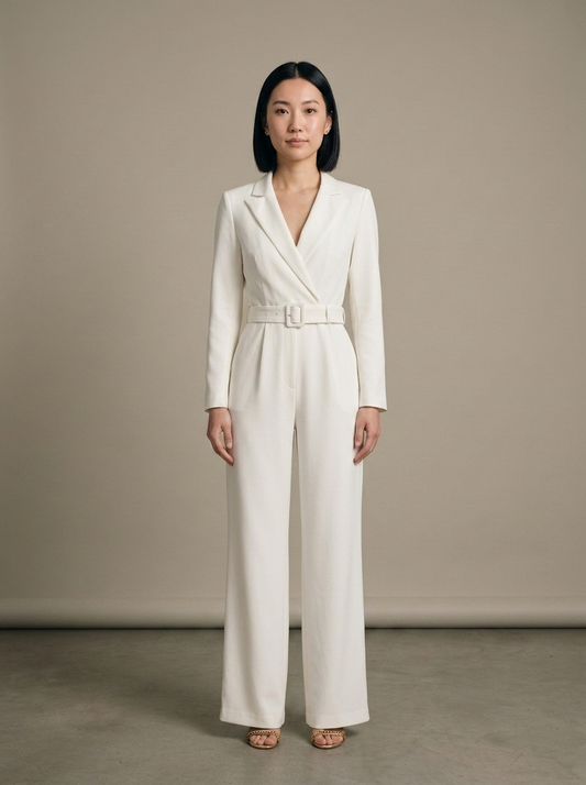 Jumpsuit, Cream Wrap Blazer Style worn by a model, front view