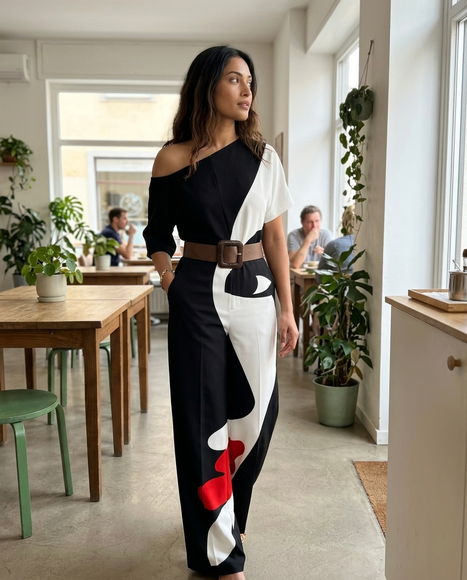 Jumpsuit One-Shoulder Abstract Print Wide-Leg styled in a daylight interior setting