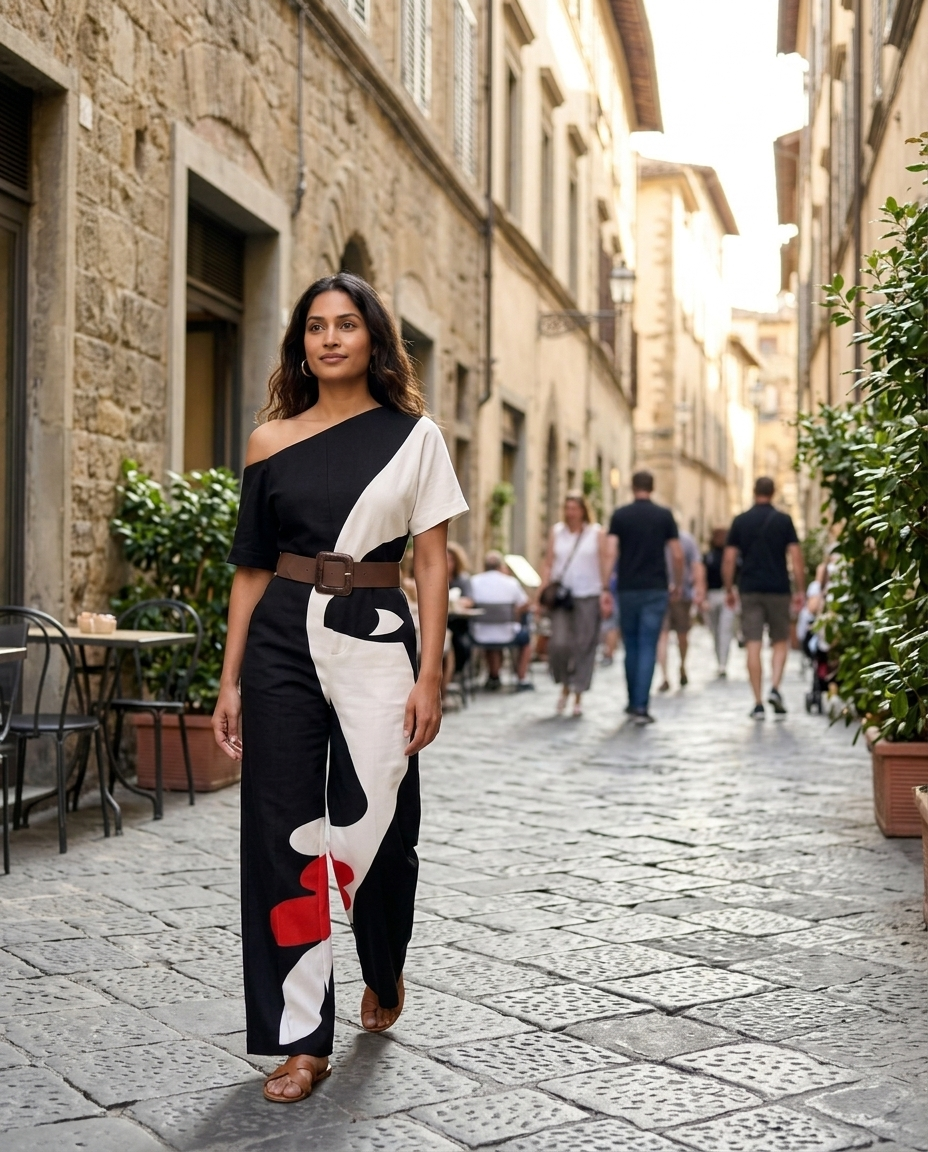 Jumpsuit One-Shoulder Abstract Print Wide-Leg worn in an everyday street setting
