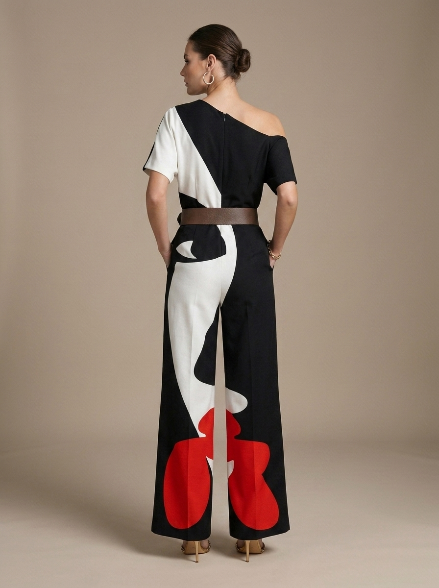 Jumpsuit One-Shoulder Abstract Print Wide-Leg worn by a model, back view