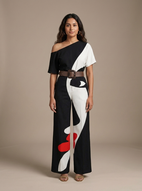 Jumpsuit One-Shoulder Abstract Print Wide-Leg worn by a model, front view