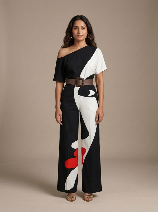 Jumpsuit One-Shoulder Abstract Print Wide-Leg worn by a model, front view