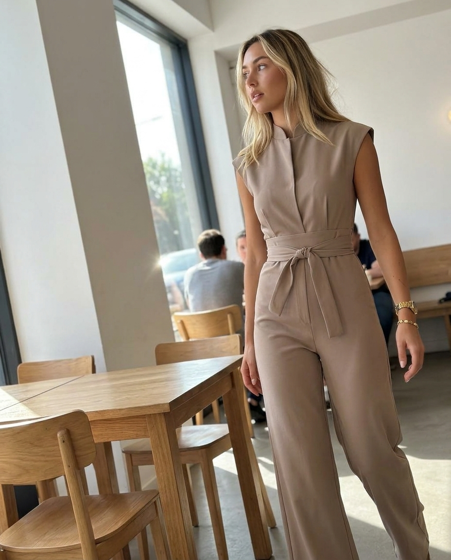Jumpsuit, Tailored Cap Sleeve Wide Leg Belted styled in a daylight interior setting