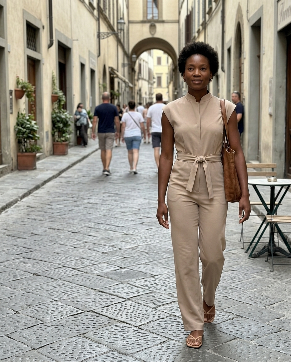 Tailored Cap-Sleeve Wide-Leg Belted Jumpsuit worn in an everyday street setting