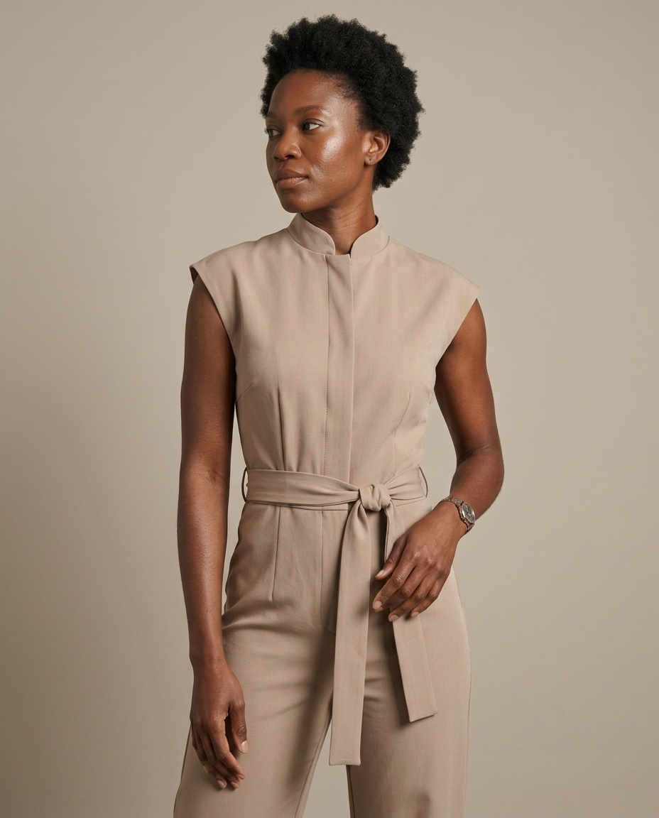 Jumpsuit, Tailored Cap Sleeve Wide Leg Belted worn by a model, close waist-up view