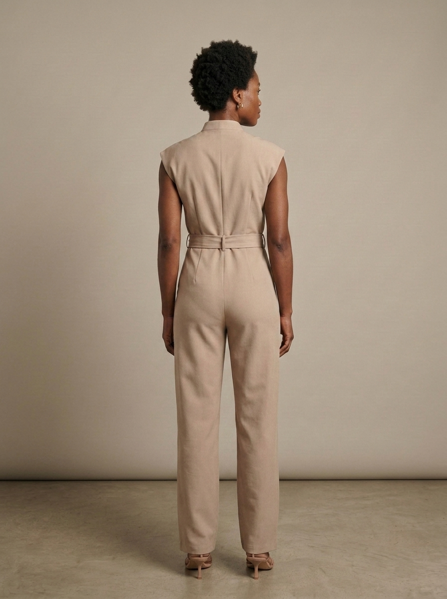 Jumpsuit, Tailored Cap Sleeve Wide Leg Belted worn by a model, back view
